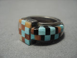 Native American One Of The Most Intrciate Vintage Zuni Turquoise Inlay Sterling Silver Ring Old-Nativo Arts