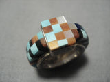 Native American One Of The Most Intrciate Vintage Zuni Turquoise Inlay Sterling Silver Ring Old-Nativo Arts