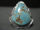 Natural #8 Turquoise Huge Vintage Navajo Native American Jewelry Silver Ring-Nativo Arts