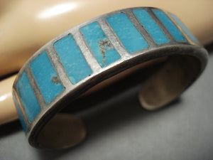 Older And Intrciate!! Vintage Navajo Blue Turquoise Sterling Silver Bracelet Old-Nativo Arts
