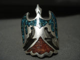 Older And More Rare Huge Corals Turquoise Native American Jewelry Silver Bird Ring Old-Nativo Arts