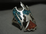 Older And More Rare Huge Corals Turquoise Native American Jewelry Silver Bird Ring Old-Nativo Arts