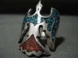 Older And More Rare Huge Corals Turquoise Native American Jewelry Silver Bird Ring Old-Nativo Arts