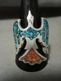 Older And More Rare Huge Corals Turquoise Native American Jewelry Silver Bird Ring Old-Nativo Arts