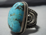 One Of Biggest And Most Detailed Vintage Native American Jewelry Navajo Turquoise Sterling Silver Ring-Nativo Arts