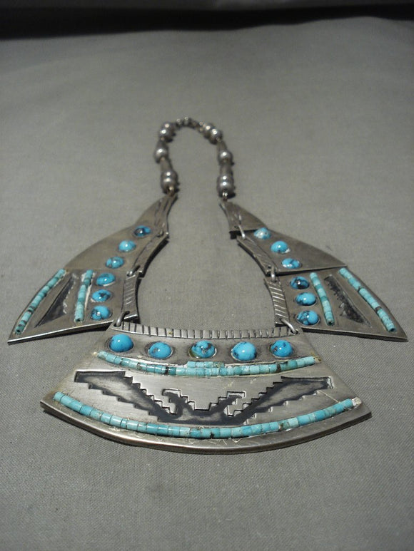 One Of The Best Vintage Hopi Turquoise Heishi Bisbee Native American Jewelry Silver Goemtric Necklace-Nativo Arts