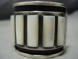 One Of The Best Vintage Native American Jewelry Zuni Inlay Mother Pearl Sterling Silver Bracelet Cuff-Nativo Arts