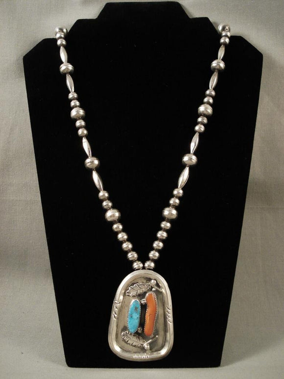 One Of The Best Vintage Navajo Native American Jewelry Silver Bead Turquoise Coral Necklace-Nativo Arts
