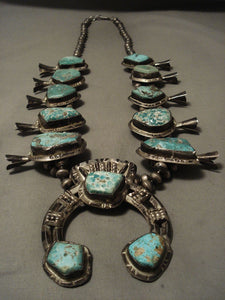 ONE OF THE BEST VINTAGE NAVAJO TURQUOISE SILVER SQUASH BLOSSOM NECKLACE-Nativo Arts