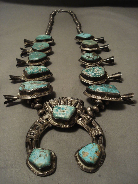 ONE OF THE BEST VINTAGE NAVAJO TURQUOISE SILVER SQUASH BLOSSOM