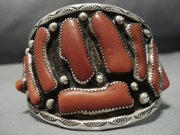 One Of The Biggest And Best Vintage Native American Jewelry Navajo Coral Sterling Silver Cuff Bracelet-Nativo Arts