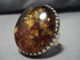 One Of The Biggest And Best Vintage Native American Navajo Amber Sterling Silver Ring Old-Nativo Arts
