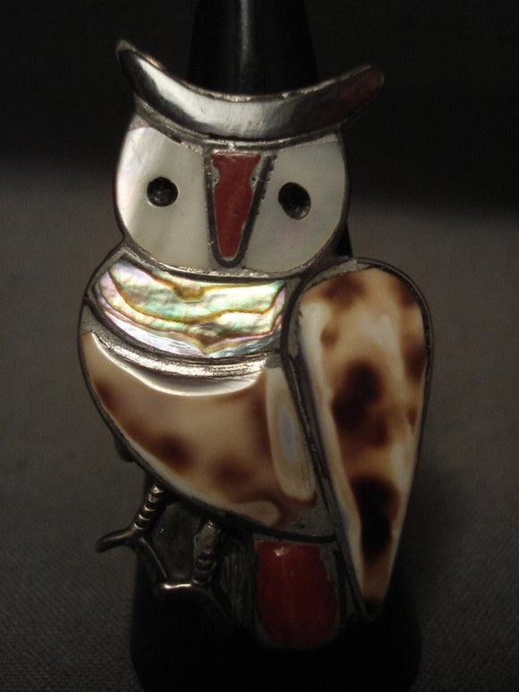 One Of The Biggest Animal Vintage Zuni/ Navajo Owl Coral Native American Jewelry Silver Ring-Nativo Arts