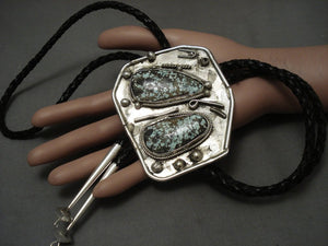 One Of The Biggest Ever Vintage Navajo #8 Turquoise Native American Jewelry Silver Bolo Tie-Nativo Arts