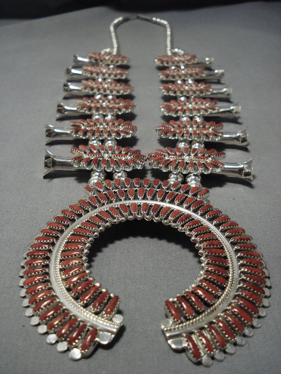 One Of The Biggest Native American Jewelry Navajo Coral Sterling Silver Squash Blossom Necklace-Nativo Arts