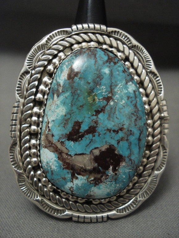 One Of The Biggest Navajo Basalt Turquoise Nevada Native American Jewelry Silver Ring-Nativo Arts