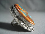 One Of The Biggest Navajo Spiny Oyster Turquoise Inlay Native American Jewelry Silver Ring-Nativo Arts
