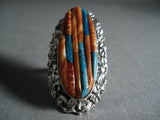 One Of The Biggest Navajo Spiny Oyster Turquoise Inlay Native American Jewelry Silver Ring-Nativo Arts