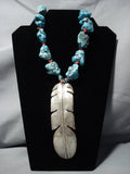 One Of The Biggest Vintage Native American Jewelry Navajo Sterling Silver Feather Turquoise Necklace-Nativo Arts