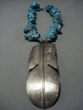 One Of The Biggest Vintage Native American Jewelry Navajo Sterling Silver Feather Turquoise Necklace-Nativo Arts