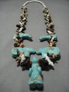 One Of The Biggest Vintage Native American Navajo Turquoise Squawtie Fetish Necklace Old-Nativo Arts