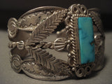 One Of The Earliest Examples Of Vintage Navajo Turquoise Leaf Native American Jewelry Silver Bracelet-Nativo Arts