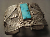 One Of The Earliest Examples Of Vintage Navajo Turquoise Leaf Native American Jewelry Silver Bracelet-Nativo Arts
