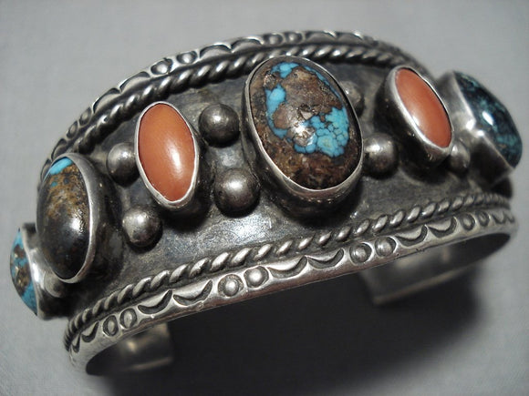 One Of The Finest Vintage Native American Jewelry Navajo Bisbee Turquoise Coral Sterling Silver Bracelet-Nativo Arts