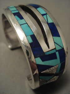 One Of The Finest Vintage Navajo Aaron Toadlena Turquoise Lapis Native American Jewelry Silver Bracelet-Nativo Arts