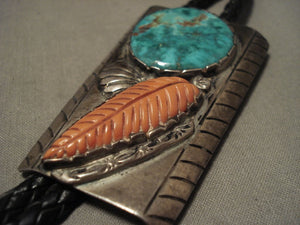 One Of The Largest Corals Ever On A Vintage Navajo Native American Jewelry jewelry Turquoise Bolo Tie-Nativo Arts
