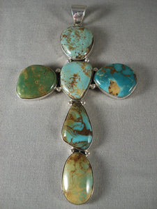 One Of The Largest Ever Green Turquoise Native American Jewelry Silver Cross Pendant-Nativo Arts