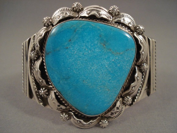 One Of The Largest Teardrop Turquoise Navajo Native American Jewelry Silver Bracelet-Nativo Arts