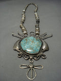 One Of The Largest Vintage Native American Jewelry Navajo Turquoise Sterling Silver Necklace Old-Nativo Arts