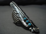 One Of The Largest Vintage Native American Navajo Feather Turquoise Sterling Silver Ring Old-Nativo Arts
