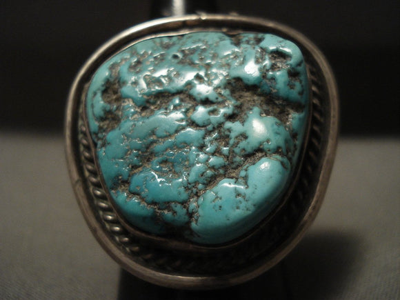 One Of The Largest Vintage Navajo Persin Turquoise Native American Jewelry Silver Ring Old-Nativo Arts