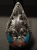 One Of The Largest Vintage Navajo Teardrop Turquoise Native American Jewelry Silver Leaf Ring-Nativo Arts