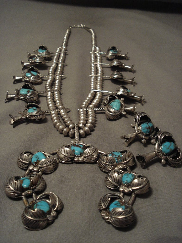 One Of The Largest Vintage Navajo Turquoise Squash Blossom Native American Jewelry Silver Necklace-Nativo Arts
