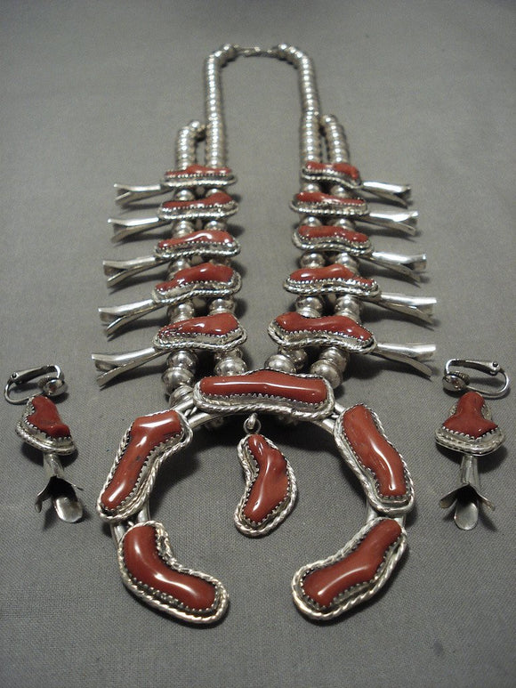 One Of The Most Chunky Coral Vintage Navajo Squash Blossom Native American Jewelry Silver Necklace-Nativo Arts
