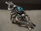 One Of The Most Detailed Navajo Native American Jewelry Silver Towering Turquoise Ring-Nativo Arts