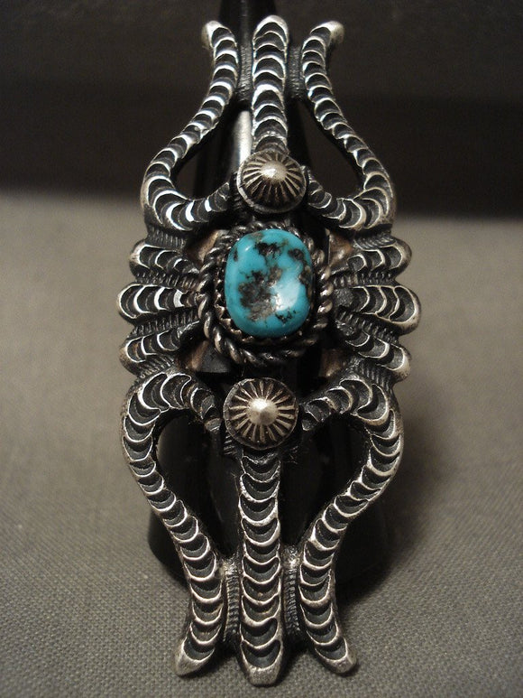 One Of The Most Detailed Navajo Native American Jewelry Silver Towering Turquoise Ring-Nativo Arts