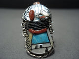One Of The Most Detailed Zuni Turquoise Coral Sterling Silver Ring-Nativo Arts