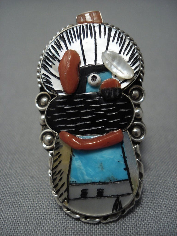 One Of The Most Detailed Zuni Turquoise Coral Sterling Silver Ring-Nativo Arts