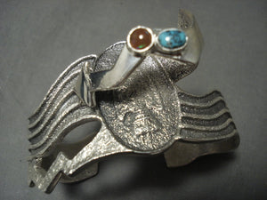 One Of The Most Unique Vintage Navajo Tufa Cats Turquoise Native American Jewelry Silver Bracelet-Nativo Arts
