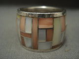 One Of The Widest Ever Vintage Zuni/ Navajo Inlay Pearl Native American Jewelry Silver Ring-Nativo Arts