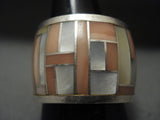 One Of The Widest Ever Vintage Zuni/ Navajo Inlay Pearl Native American Jewelry Silver Ring-Nativo Arts