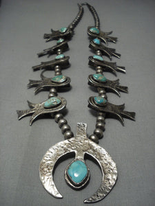 Opulent Hand Haammered Sterling Native American Jewelry Silver Turquoise Vintage Squash Blossom Necklace-Nativo Arts