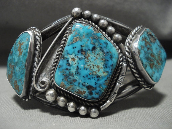 Opulent Heavy Vintage Navajo Old Pilot Mntn Turquoise Native American Jewelry Silver Bracelet-Nativo Arts