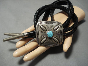 Opulent Jennifer Vintage Native American Jewelry Navajo Lone Mountain Turquoise Sterling Silver Bolo Tie-Nativo Arts