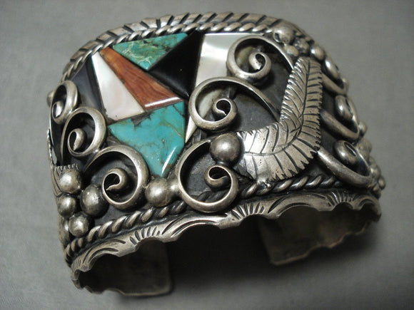 Opulent Native American Jewelry Silver Works Galore Wide Vintage Navajo Turquoise Inlay Native American Jewelry Silver Bracelet-Nativo Arts