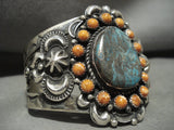 Opulent Navajo Harry Morgan Turquoise Cirulcar Shell Native American Jewelry Silver Repoussed Bracelet-Nativo Arts